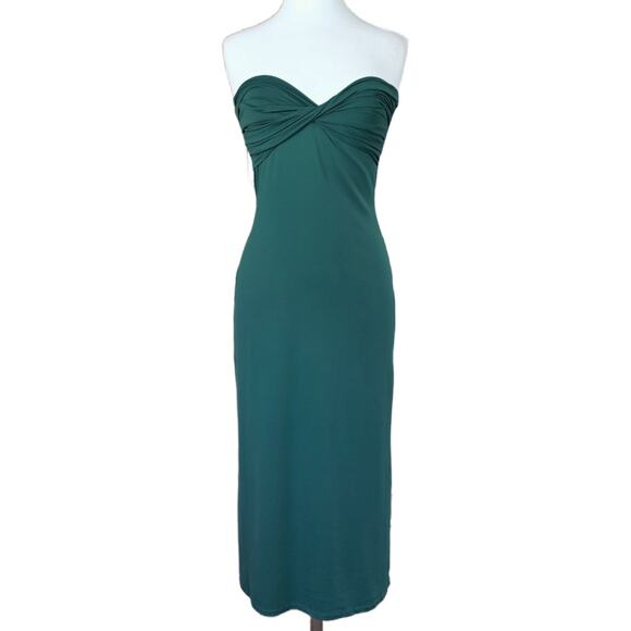 HOUSE OF HARLOW Green Strapless Twist Bodycon Midi Dress Size Medium Bandeau - Picture 2 of 10
